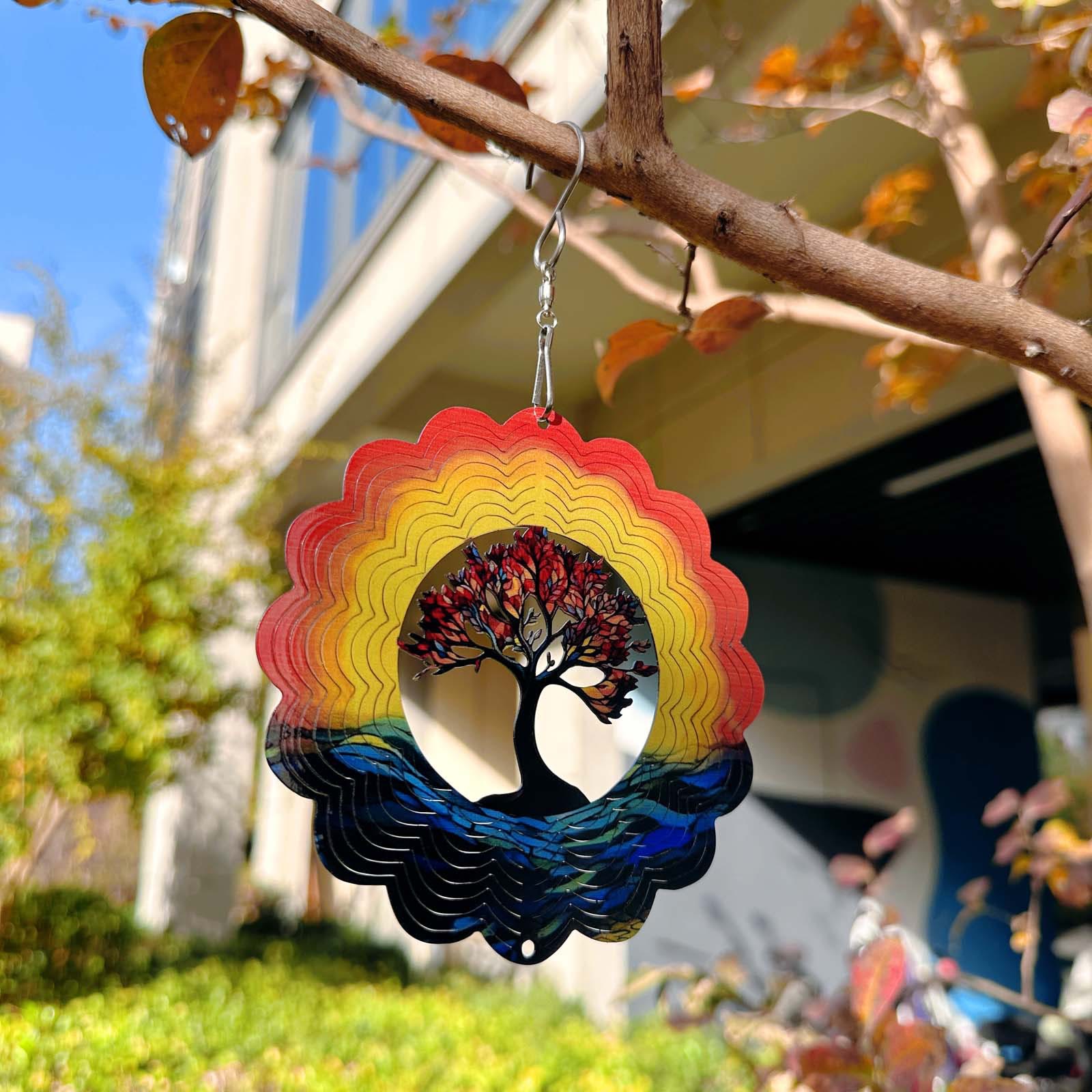 3D Mandala Wind Spinner – Rotating Metal Wind Chime Hanging Decor with Sunset Mountain Design for Garden, Patio & Meditation Spa - Small(4.3in) - image 1