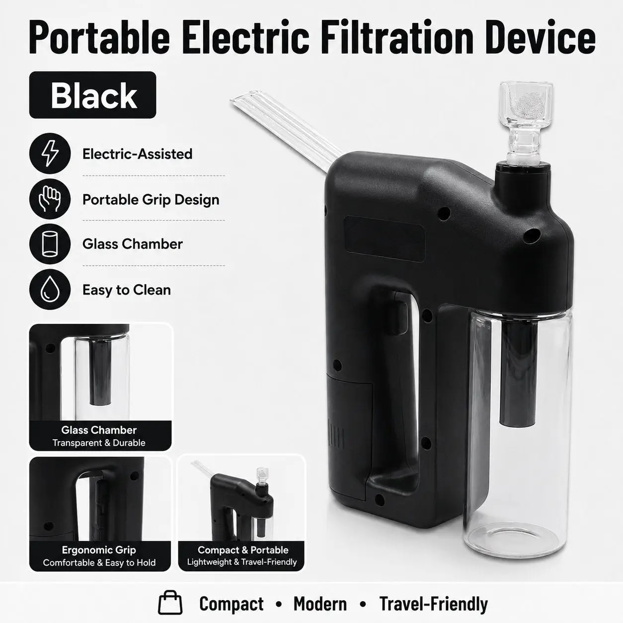 LAST DAY 50% OFF - PORTABLE HANDHELD ELECTRIC FILTRATION DEVICE COMPACT GLASS CHAMBER DESIGN WITH ELECTRIC - Black - image 8