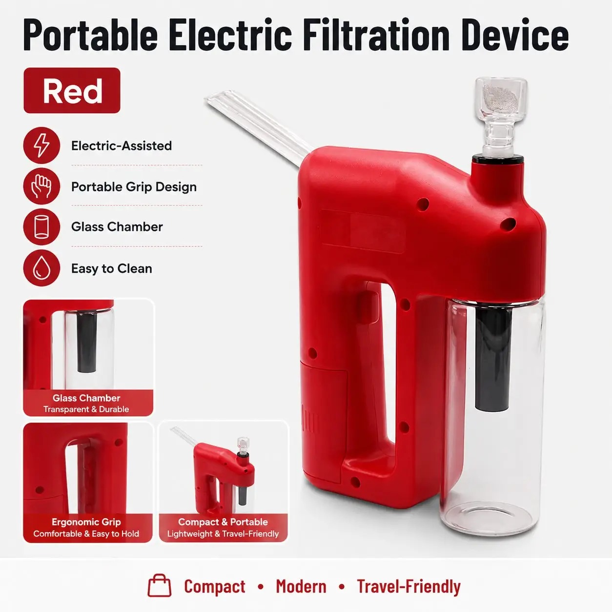 LAST DAY 50% OFF - PORTABLE HANDHELD ELECTRIC FILTRATION DEVICE COMPACT GLASS CHAMBER DESIGN WITH ELECTRIC - Red - image 10