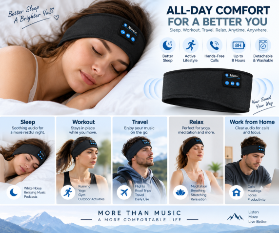 Bluetooth headband for sleep workout travel relaxation and daily use