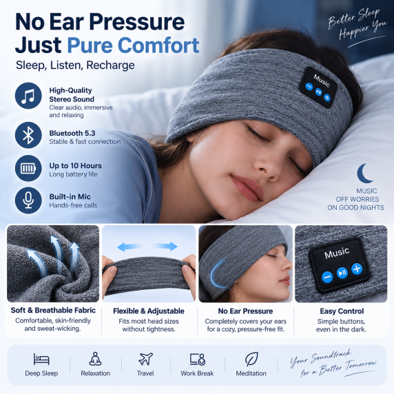 No ear pressure Bluetooth sleep headband for comfortable side sleeping