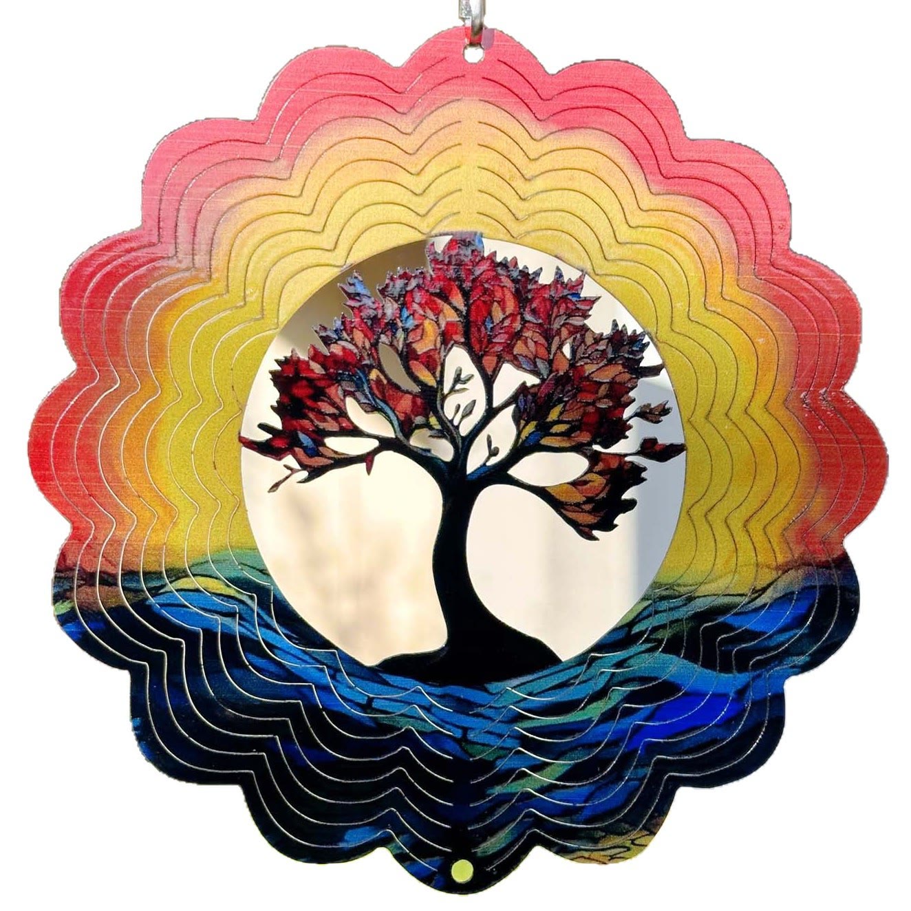 3D Mandala Wind Spinner – Rotating Metal Wind Chime Hanging Decor with Sunset Mountain Design for Garden, Patio & Meditation Spa - Large(11.8in) - image 3