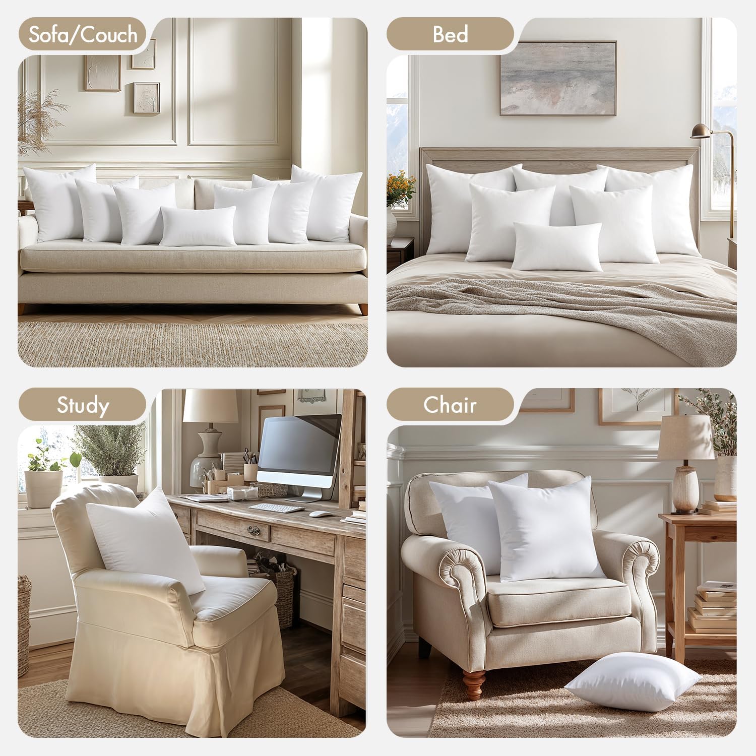 Premium White Cushion Insert, Soft Brushed Fabric Pillow Insert for Sofa Throw Pillows, Fluffy Decorative Pillow Filler for Home Décor