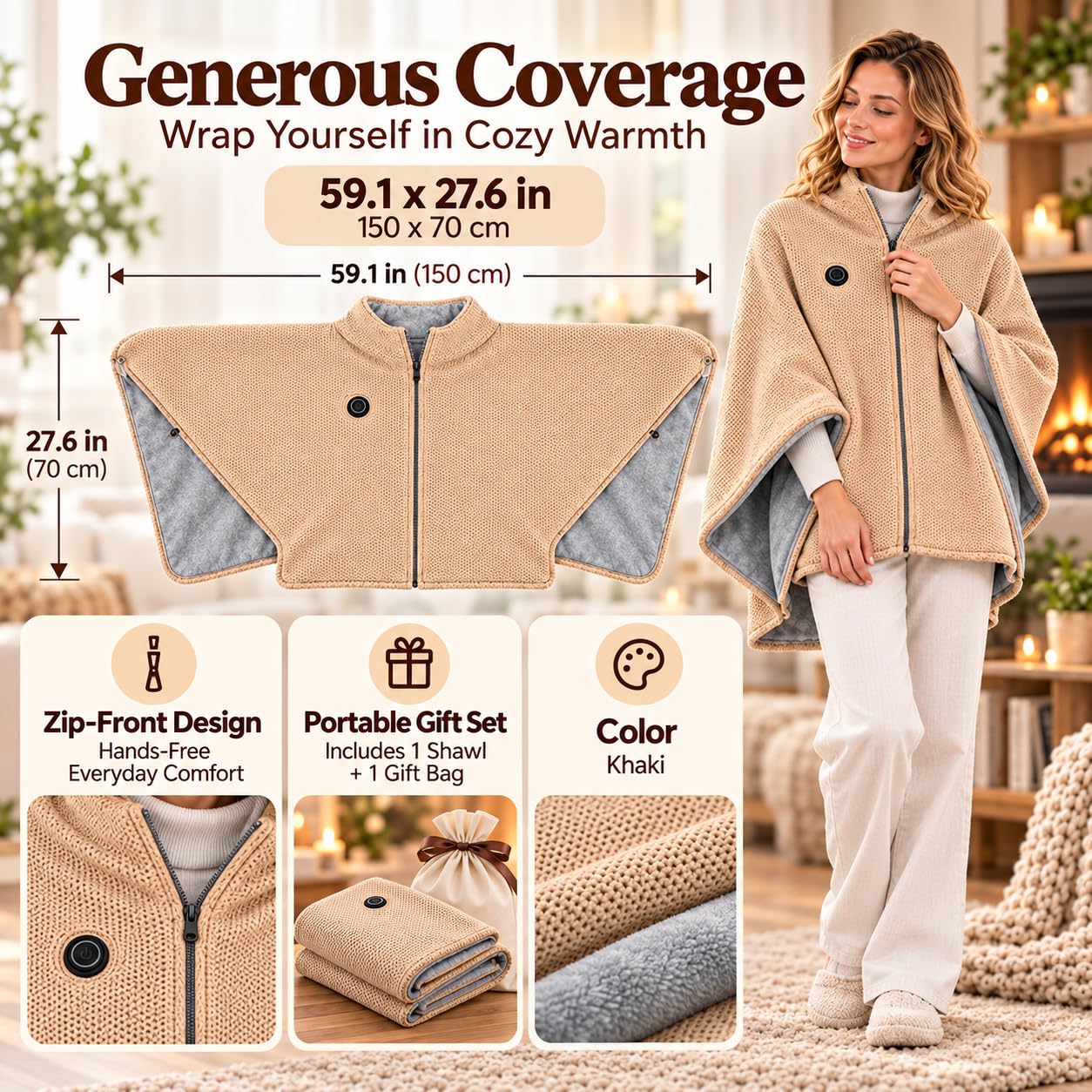A Warm Hug for Grandma – Graphene Heated Shawl Blanket, Adjustable Heat Wearable Wrap, Cozy Winter Blanket - image 7