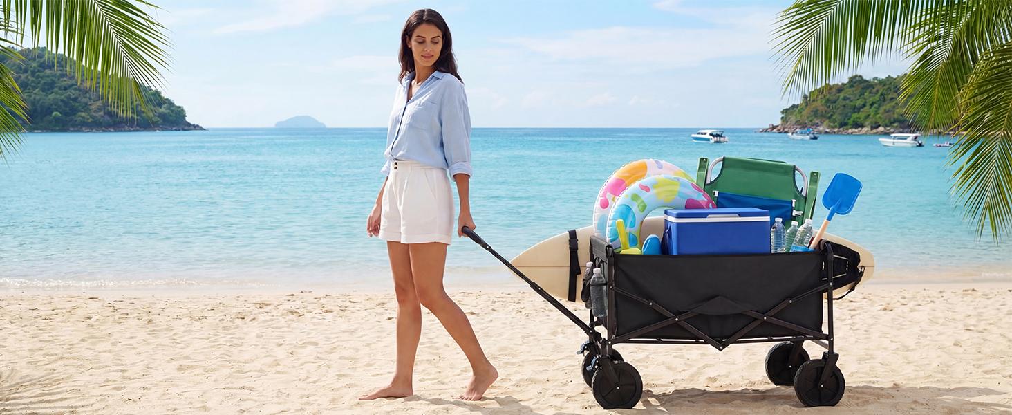 Sweetcrispy Collapsible Folding Wagon Push Cart - Oxford Cloth Quick-Fold Utility Trolley, 102L Large Capacity, 330 lbs Load Capacity, Wheels, Adjustable Handle, for Outdoor Camping, Beach Outings