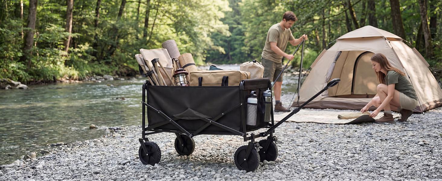 Sweetcrispy Collapsible Folding Wagon Push Cart - Oxford Cloth Quick-Fold Utility Trolley, 102L Large Capacity, 330 lbs Load Capacity, Wheels, Adjustable Handle, for Outdoor Camping, Beach Outings