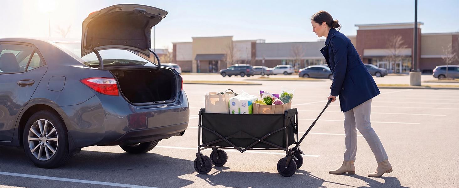 Sweetcrispy Collapsible Folding Wagon Push Cart - Oxford Cloth Quick-Fold Utility Trolley, 102L Large Capacity, 330 lbs Load Capacity, Wheels, Adjustable Handle, for Outdoor Camping, Beach Outings