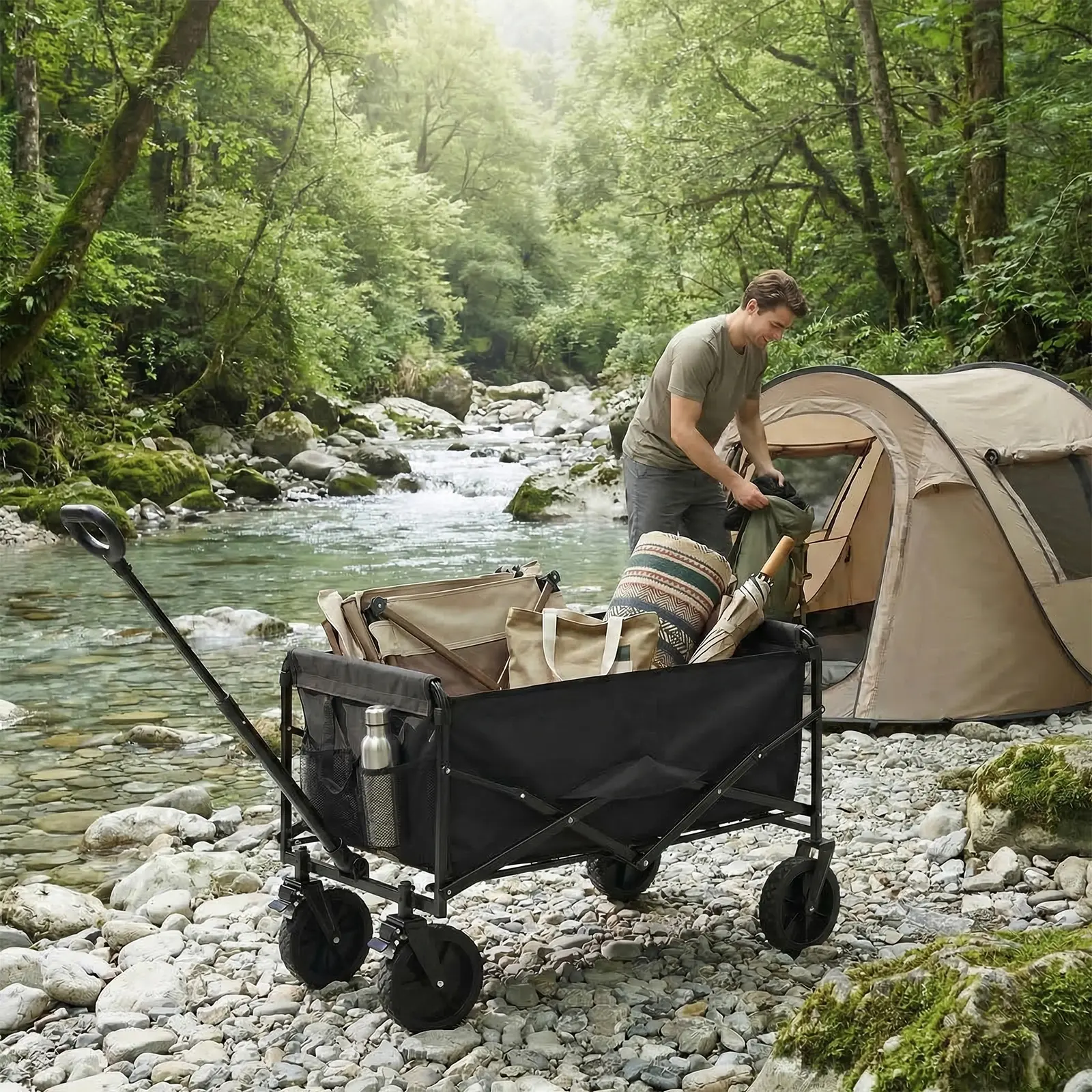 Sweetcrispy Collapsible Folding Wagon Push Cart - Oxford Cloth Quick-Fold Utility Trolley, 102L Large Capacity, 330 lbs Load Capacity, Wheels, Adjustable Handle, for Outdoor Camping, Beach Outings