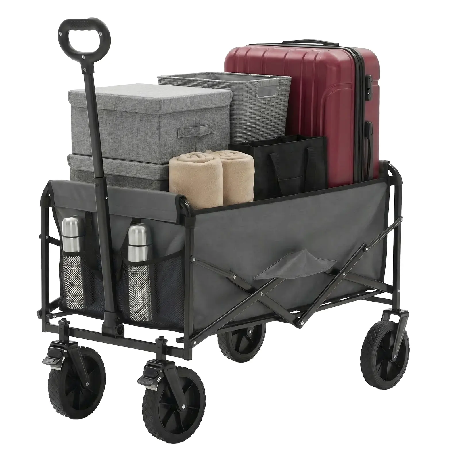 Sweetcrispy Collapsible Folding Wagon Push Cart - Oxford Cloth Quick-Fold Utility Trolley, 102L Large Capacity, 330 lbs Load Capacity, Wheels, Adjustable Handle, for Outdoor Camping, Beach Outings