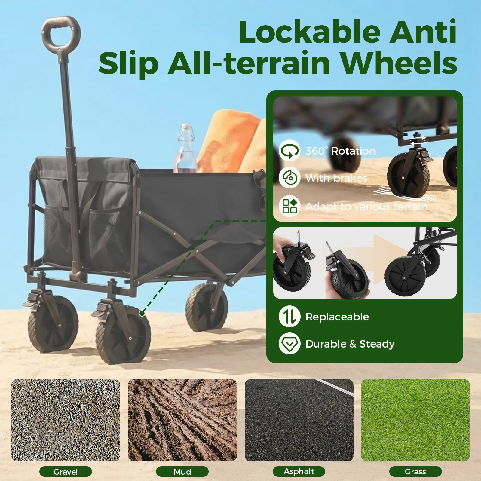 Sweetcrispy Collapsible Folding Wagon Push Cart - Oxford Cloth Quick-Fold Utility Trolley, 102L Large Capacity, 330 lbs Load Capacity, Wheels, Adjustable Handle, for Outdoor Camping, Beach Outings