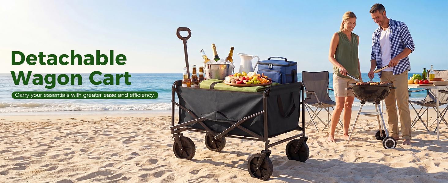 Sweetcrispy Collapsible Folding Wagon Push Cart - Oxford Cloth Quick-Fold Utility Trolley, 102L Large Capacity, 330 lbs Load Capacity, Wheels, Adjustable Handle, for Outdoor Camping, Beach Outings
