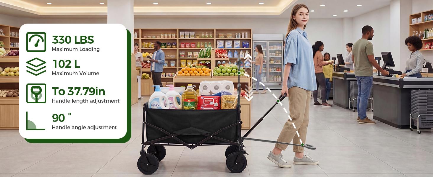 Sweetcrispy Collapsible Folding Wagon Push Cart - Oxford Cloth Quick-Fold Utility Trolley, 102L Large Capacity, 330 lbs Load Capacity, Wheels, Adjustable Handle, for Outdoor Camping, Beach Outings