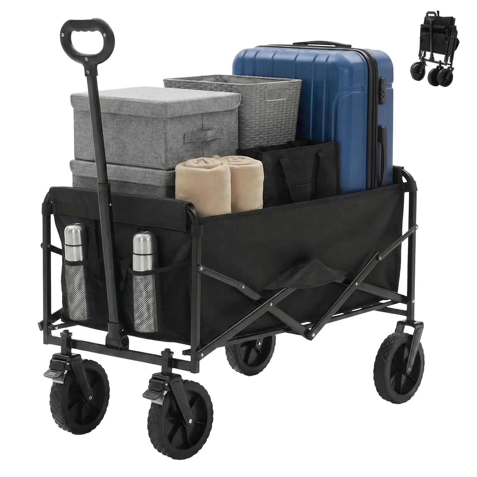 Sweetcrispy Collapsible Folding Wagon Push Cart - Oxford Cloth Quick-Fold Utility Trolley, 102L Large Capacity, 330 lbs Load Capacity, Wheels, Adjustable Handle, for Outdoor Camping, Beach Outings