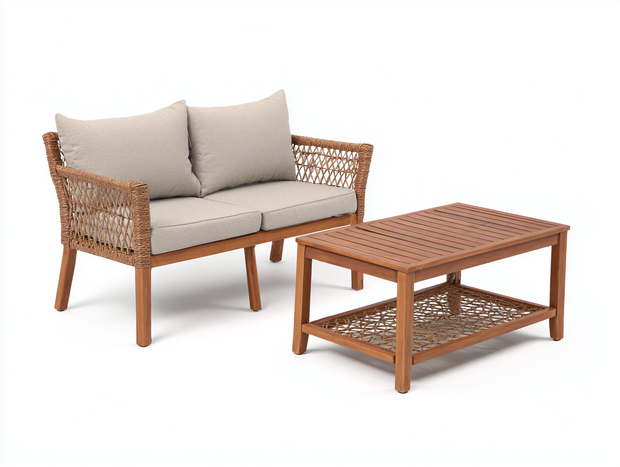 Gartensofa Set Holz und Polyrattan 190x145x82 cm - Natur-Beige - Für Garten - Modernes Design-Vosaycorner