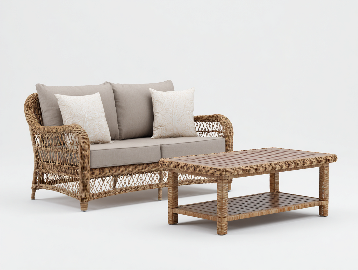 Gartensofa Polyrattan Set 228x146x88 cm - Natur-Beige - modernes Outdoor-Design-Vosaycorner