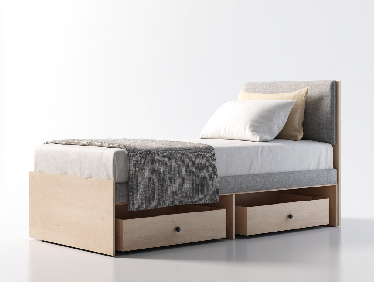 Einzelbett Holz-Stoff 200x100x95 cm natur-grau - modernes Bett mit Stauraum-Ziradecor