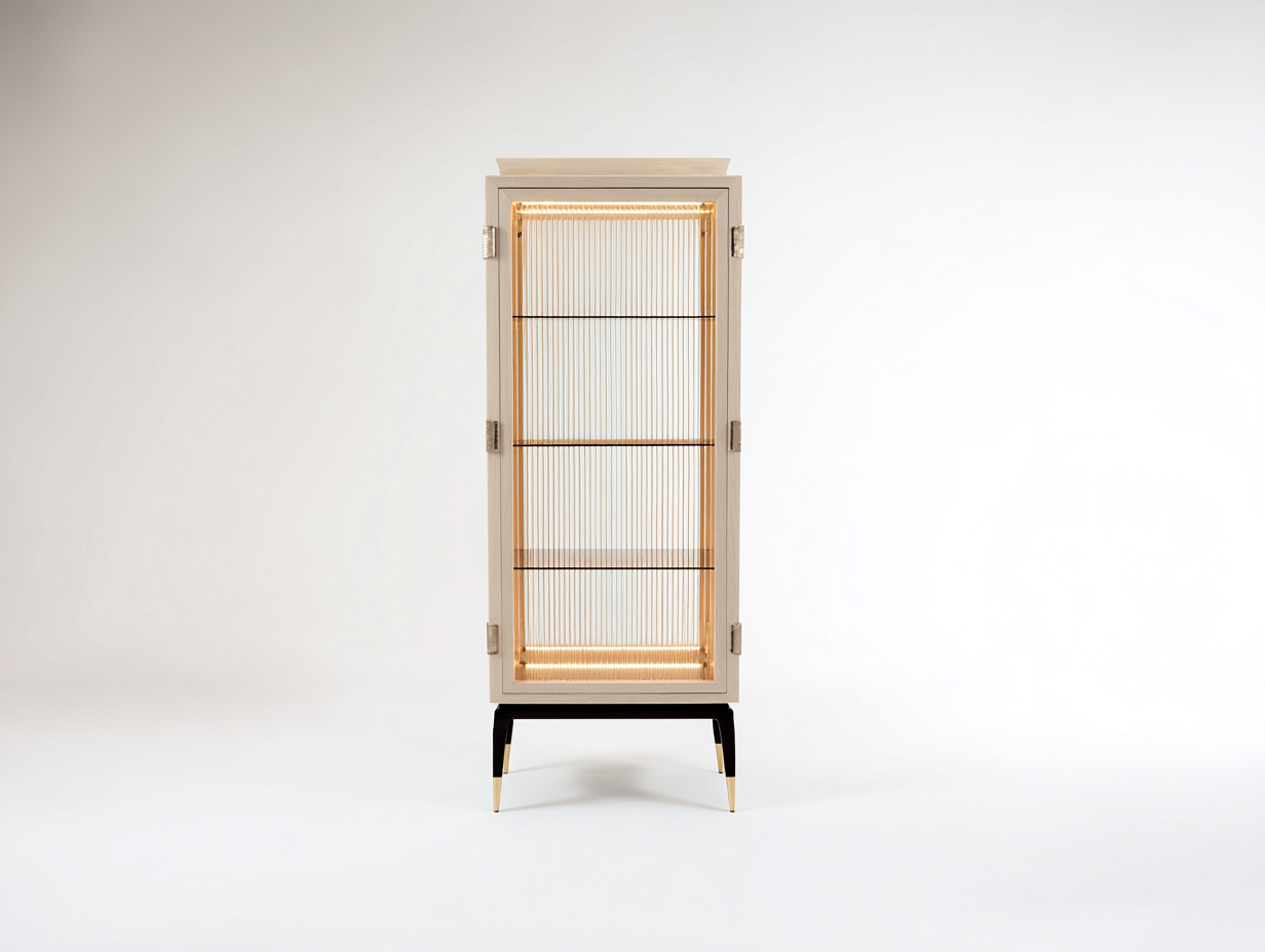 Vitrinen Holz Glas 62x38x175 cm - beige schwarz - mit Beleuchtung-Ziradecor