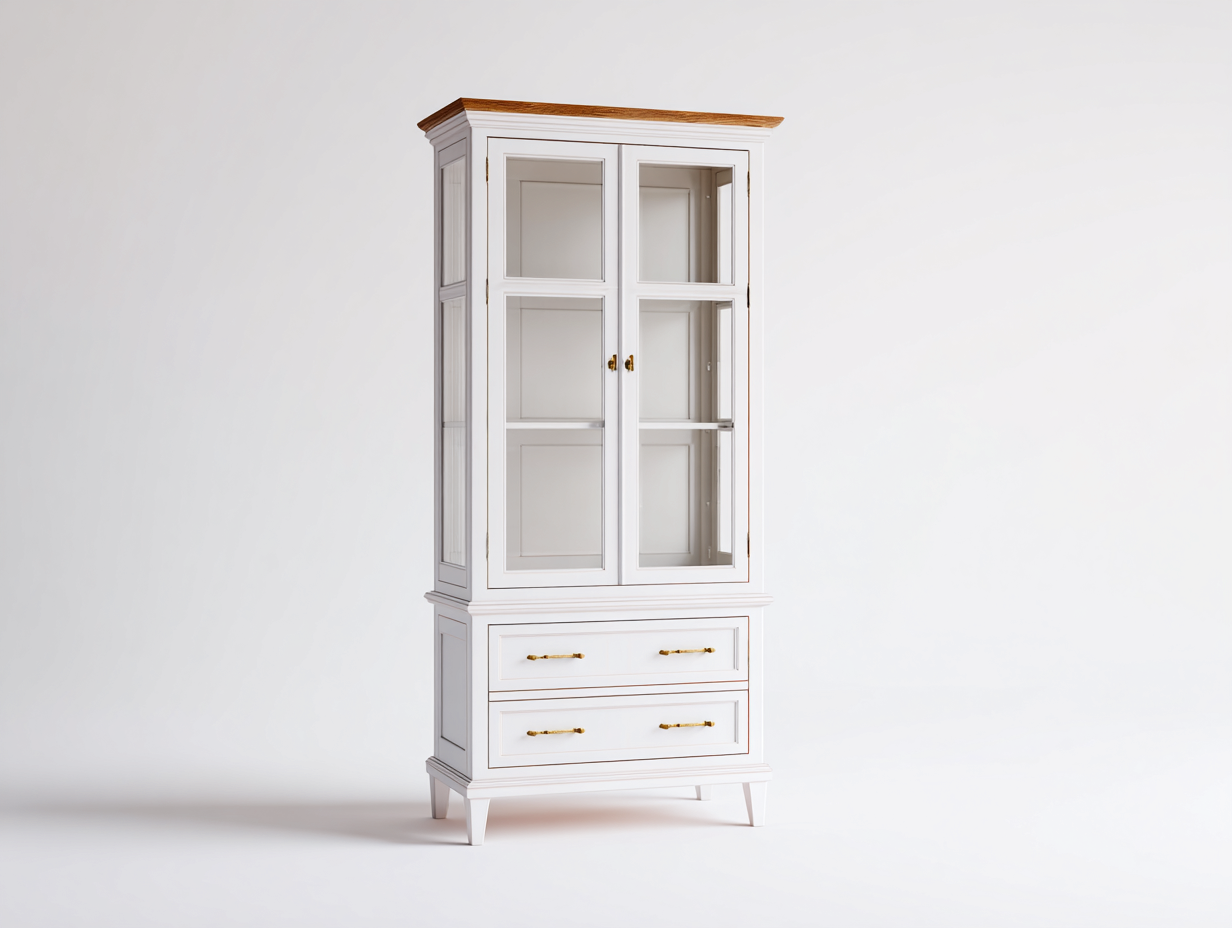 Vitrinen Holz und Glas 90x42x185 cm - Weiß-Naturholz - Für Wohnzimmer - Klassisches Design-Ziradecor