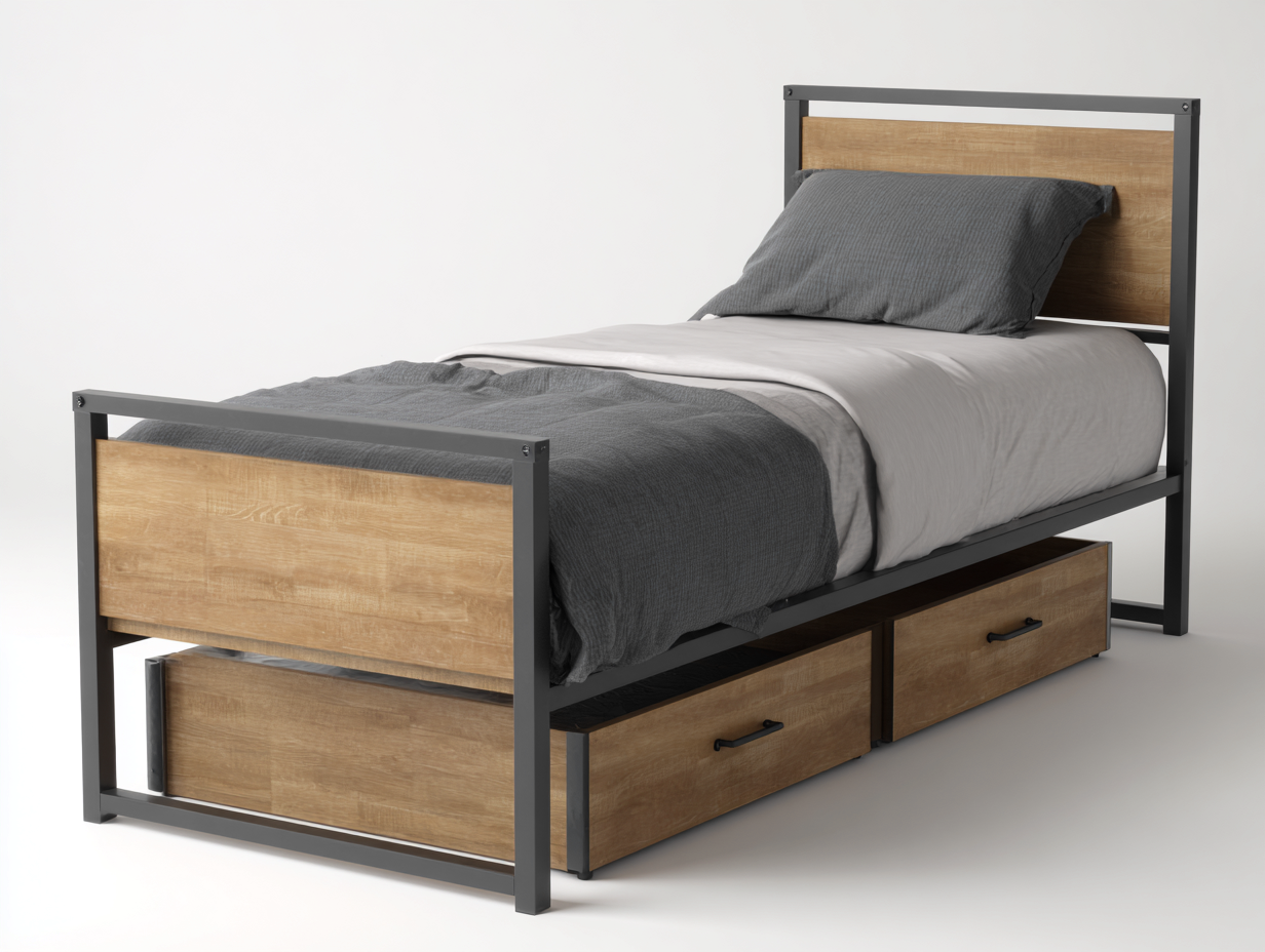 Einzelbett 205x98x110 cm aus Metall und Holz - Braun-Grau - industrieller Stil mit Stauraum-Ziradecor