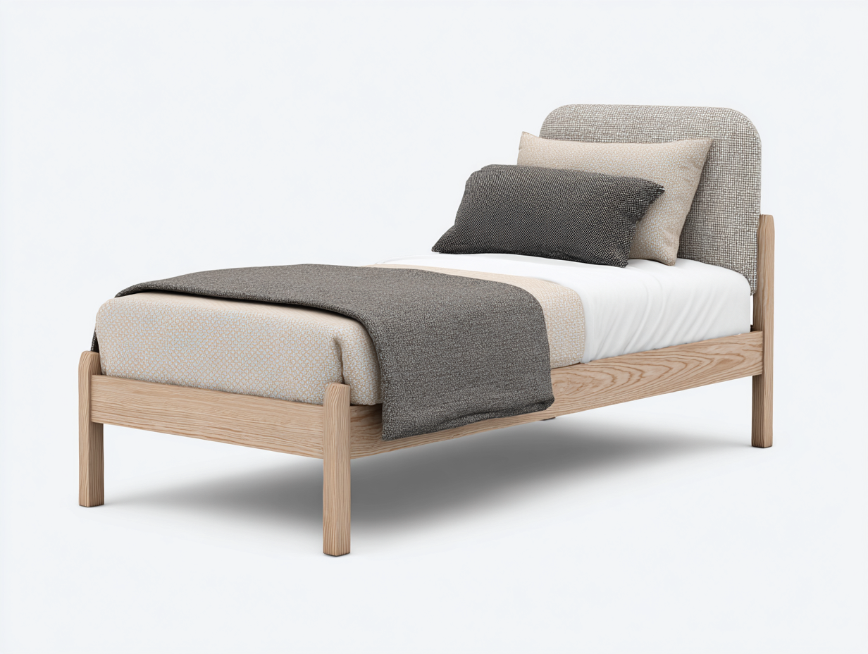 Einzelbett Holz Stoff 200x90x92 cm - natur beige grau - gepolstertes Kopfteil-Ziradecor