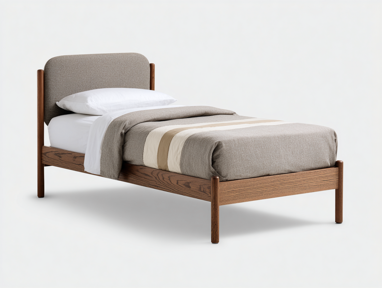 Einzelbett 205x98x92 cm - Holzrahmen und Stoffkopfteil - Braun-Grau - moderner Stil-Ziradecor