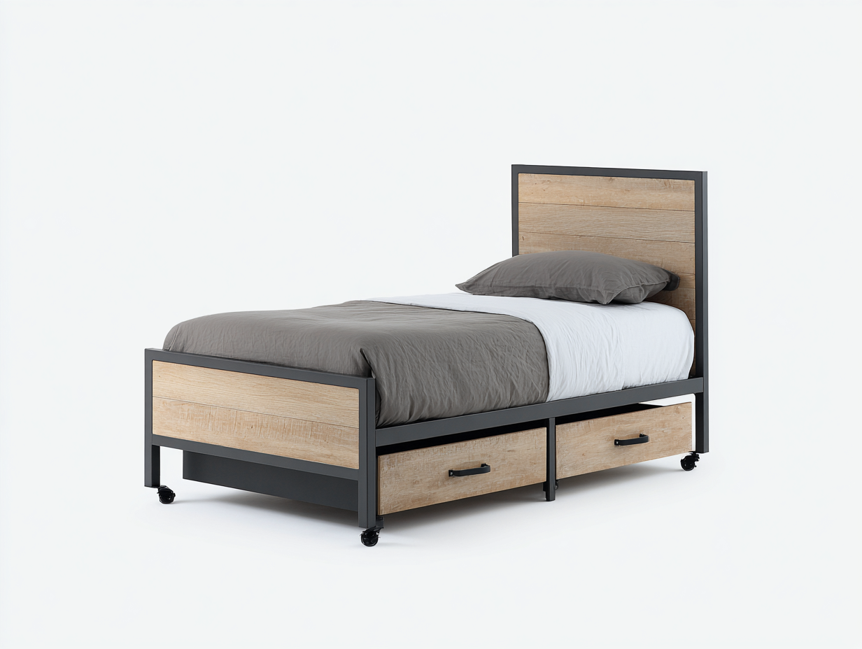 Einzelbett Holz Metall 200x90x105 cm - natur schwarz - mit 2 Schubladen-Ziradecor