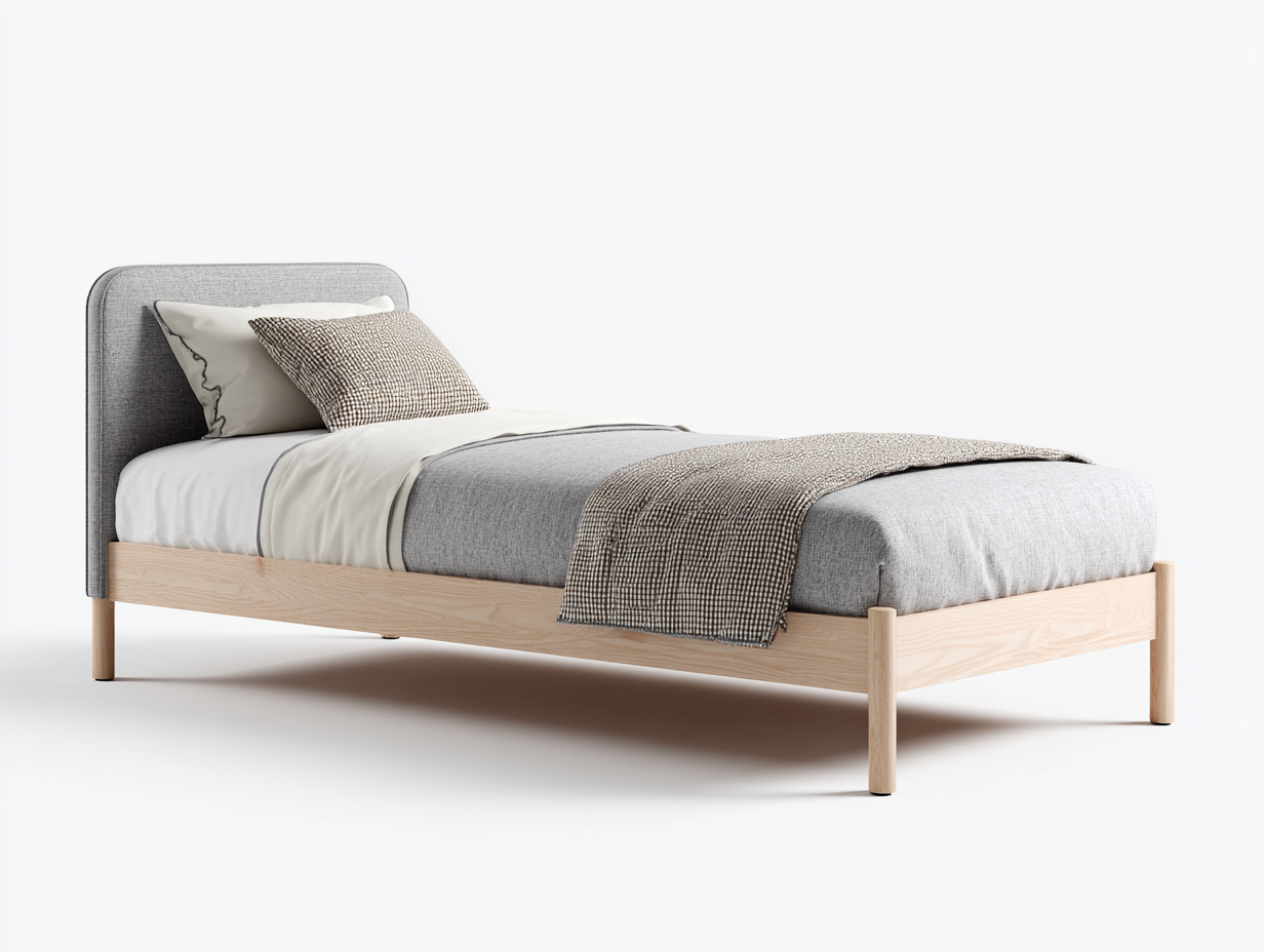 Einzelbett Holz Stoff 200x90x95 cm - natur grau - gepolstertes Kopfteil-Ziradecor