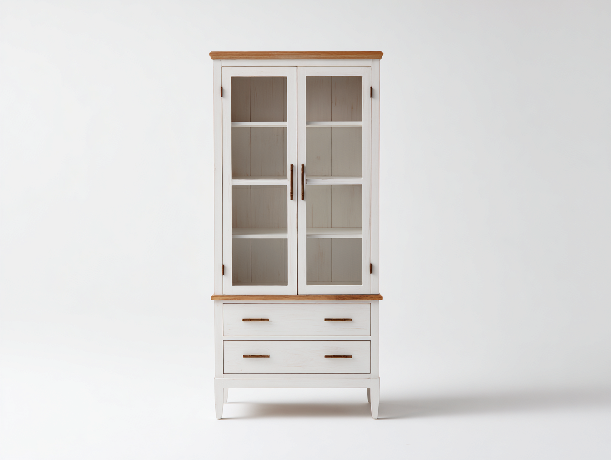 Vitrinen Holz und Glas 85x42x180 cm - Weiß-Naturholz - Für Wohnzimmer - Klassisches Design-Ziradecor