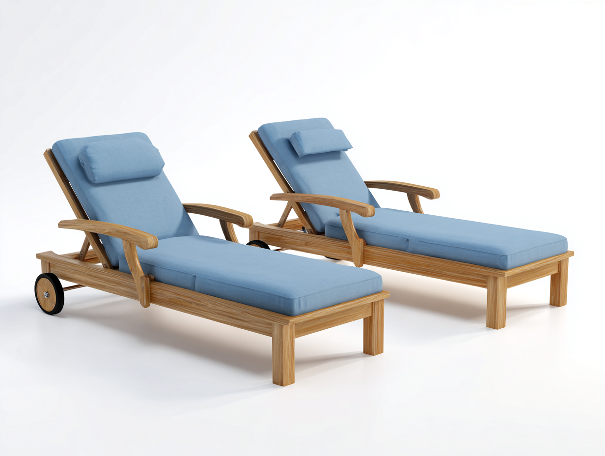 Bain de soleil - Bois de teck-Textile - 205 x 72 x 58 cm - Bleu clair-Bois naturel - Style jardin avec accoudoirs et dossier inclinable-Kamonrihome
