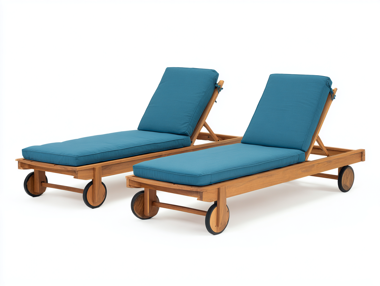 Bain de soleil - Bois de teck-Textile - 198 x 68 x 36 cm - Bleu pétrole-Bois naturel - Style jardin avec dossier inclinable-Kamonrihome