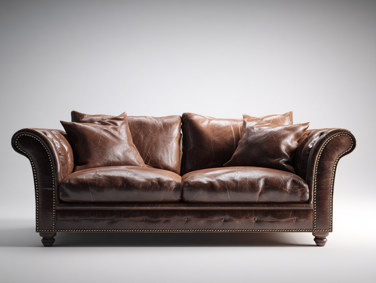 Canapé 3 places - Cuir-Bois-Métal - 221x94x78 cm - Marron vieilli-Doré - Chesterfield-Kamonrihome