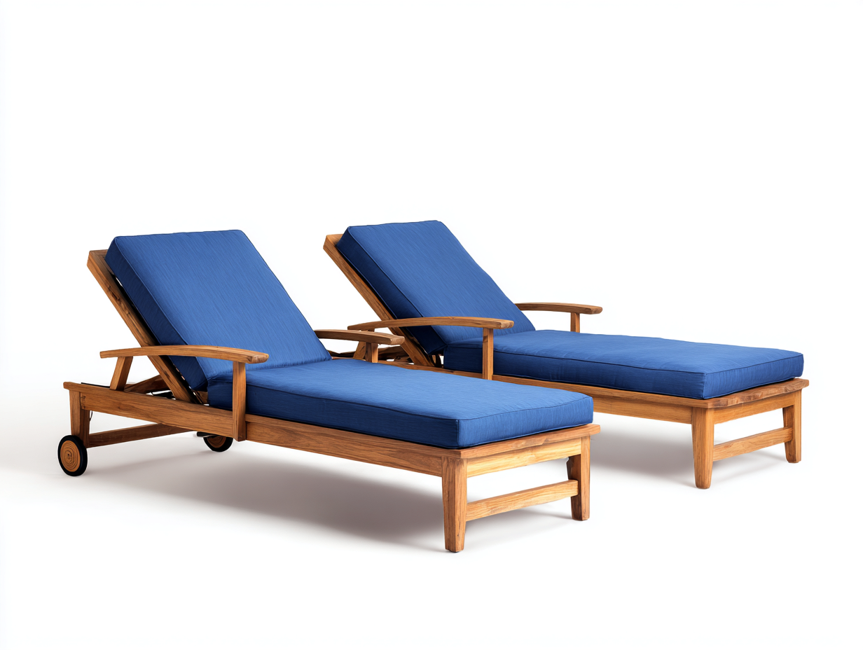 Bain de soleil - Bois de teck-Textile - 204 x 73 x 59 cm - Bleu-Bois naturel - Style jardin avec accoudoirs et dossier inclinable-Kamonrihome