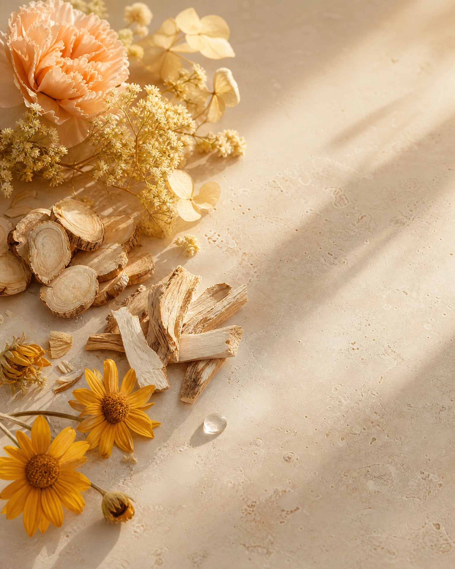 Peony root, marshmallow root, linden blossom and arnica flower arranged on warm stone