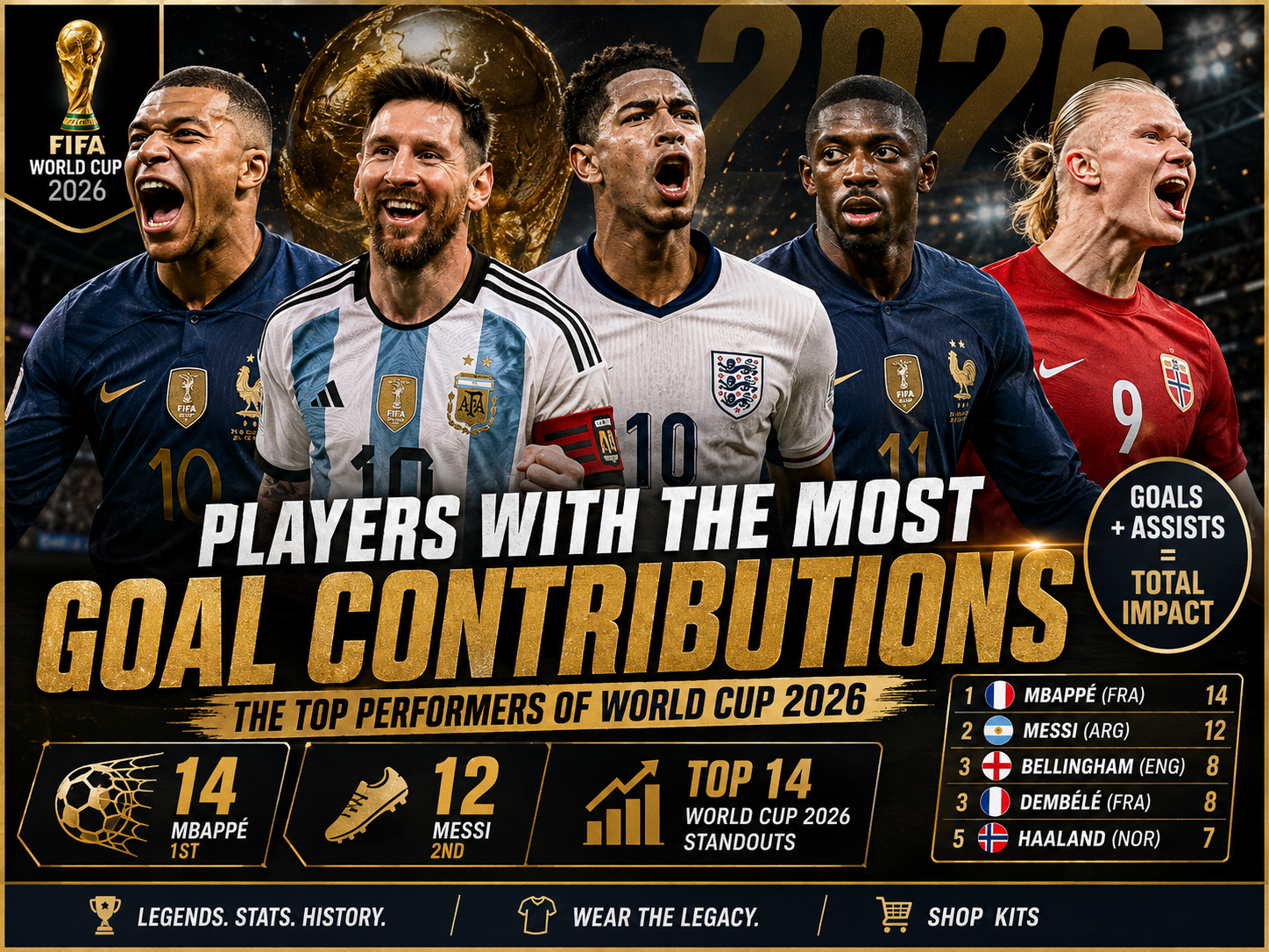 World Cup 2026 top goal contributors Mbappe Messi Bellingham and Haaland