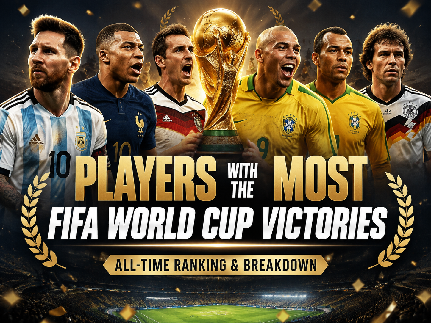 World Cup legends in black gold style with trophy and football icons ranking victories
