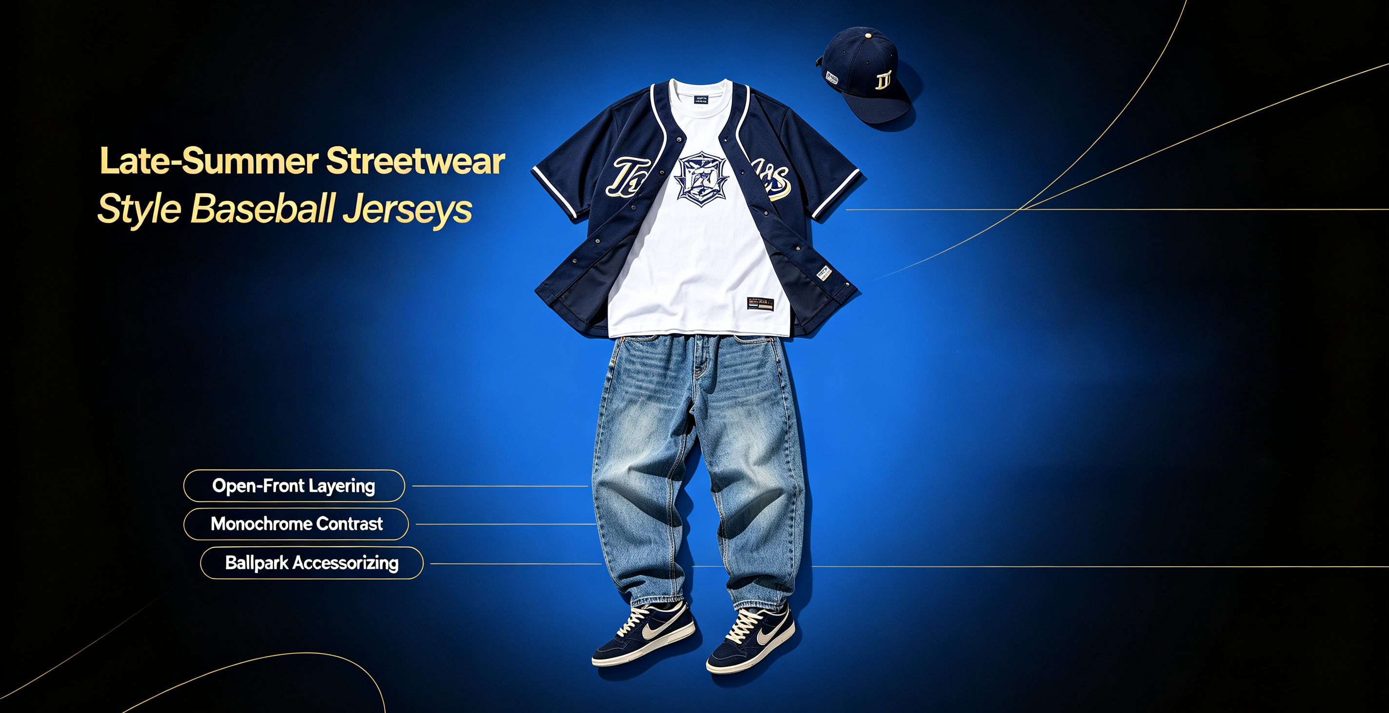 Late‑summer streetwear styling for MLB baseball jerseys, layered casual ballpark outfit dark aesthetic