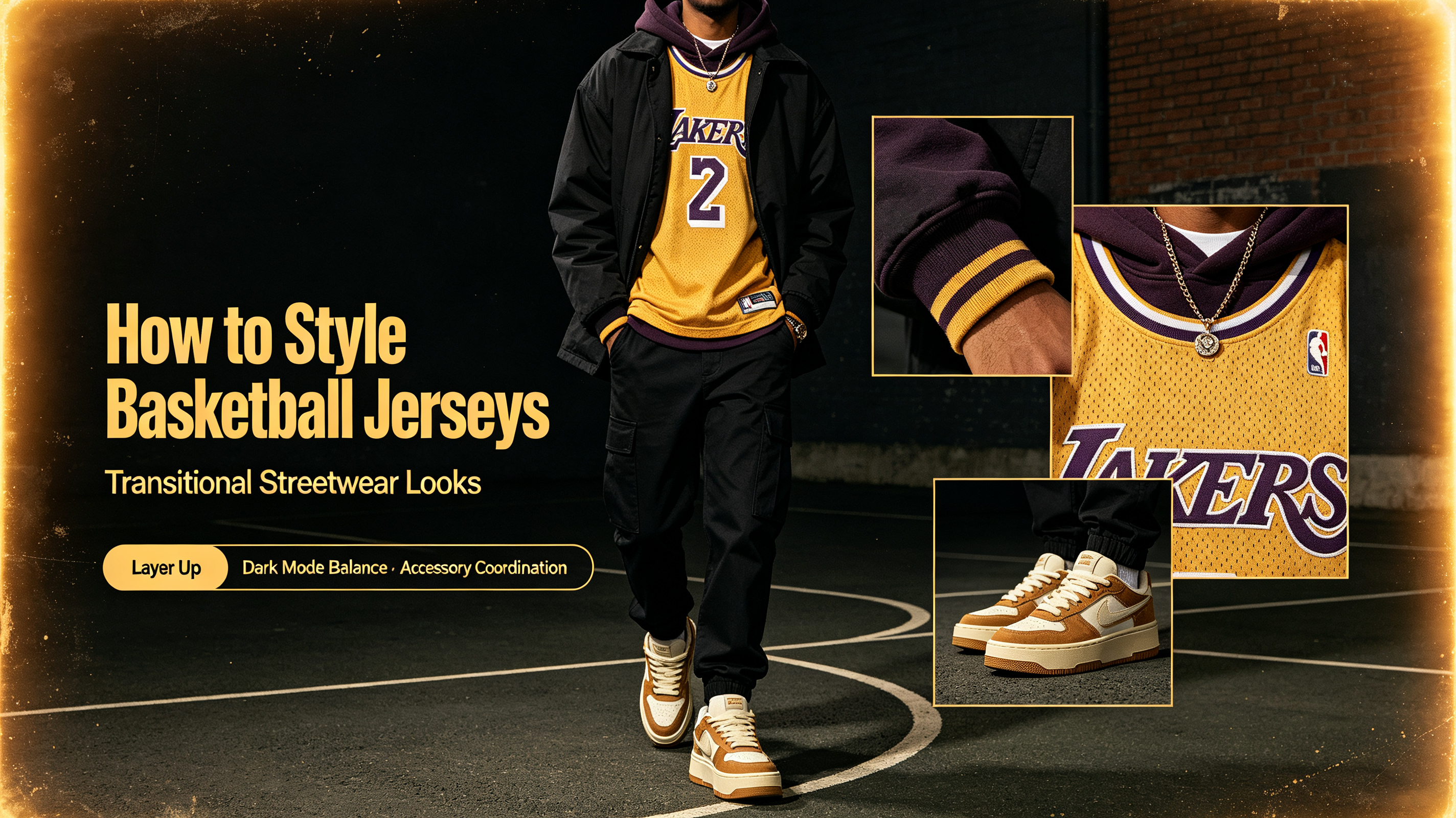 Styling guide for vintage NBA basketball jerseys, streetwear layered outfit with hoodie and casual bottoms