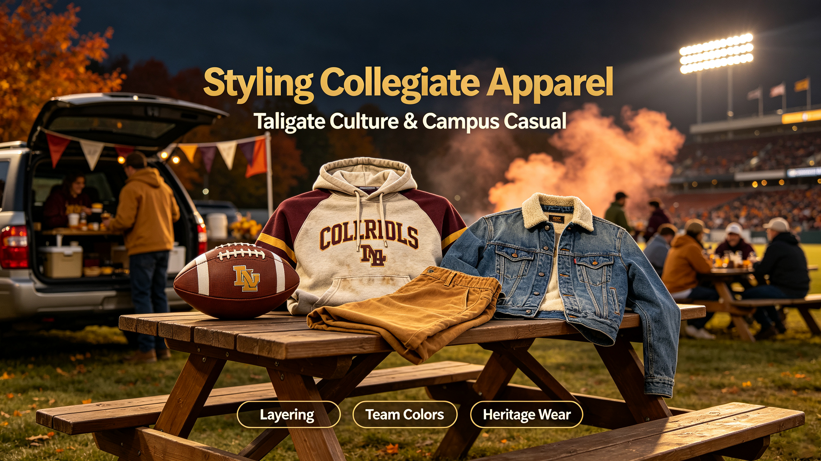 NCAA college football tailgate fashion, fan jersey layering outfits, autumn game‑day casual styling reference