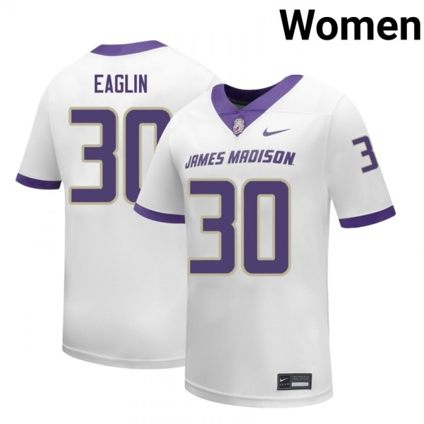 Women James Madison Dukes #30 Justin Eaglin White Stitch Jersey-League Fan Gear