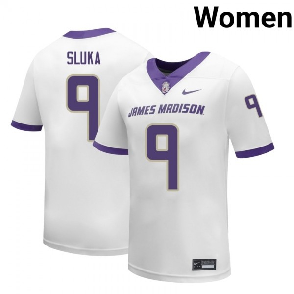 Women James Madison Dukes #9 Matthew Sluka White Stitch Jerseys-League Fan Gear