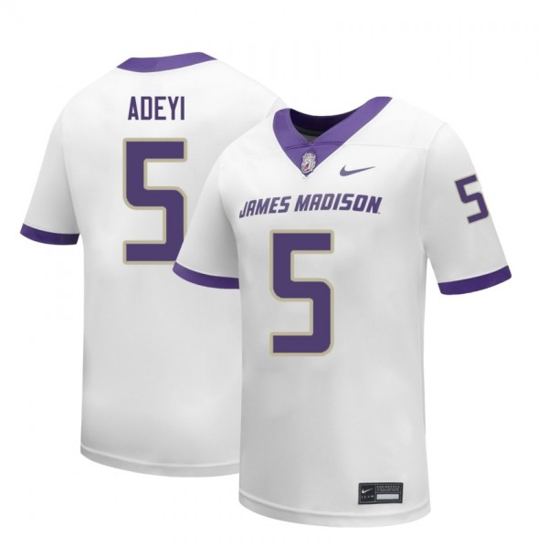 Men James Madison Dukes #5 Ayo Adeyi White Stitch Jerseys-League Fan Gear