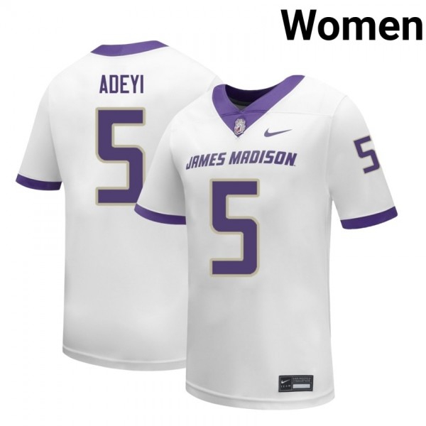 Women James Madison Dukes #5 Ayo Adeyi White Stitch Jerseys-League Fan Gear