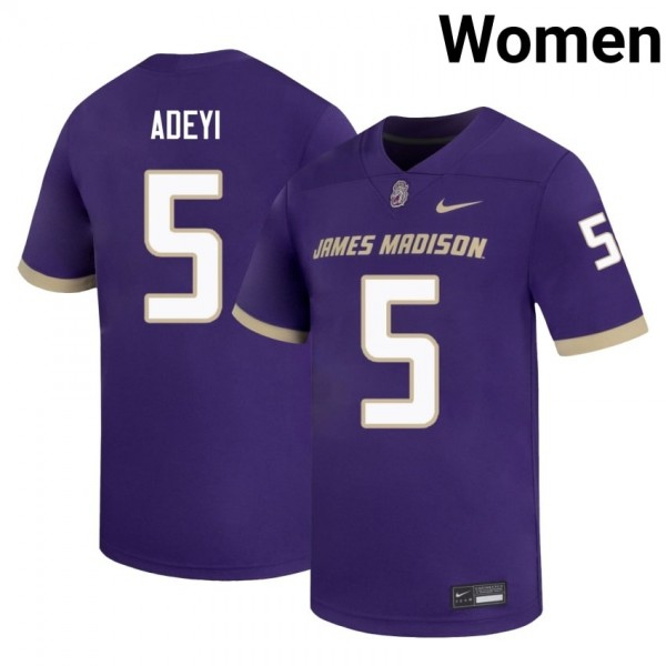 Women James Madison Dukes #5 Ayo Adeyi Purple Stitch Jersey-League Fan Gear