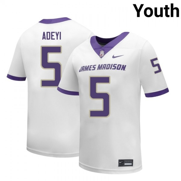 James Madison Dukes #5 Ayo Adeyi White Stitch Jerseys Youth-League Fan Gear