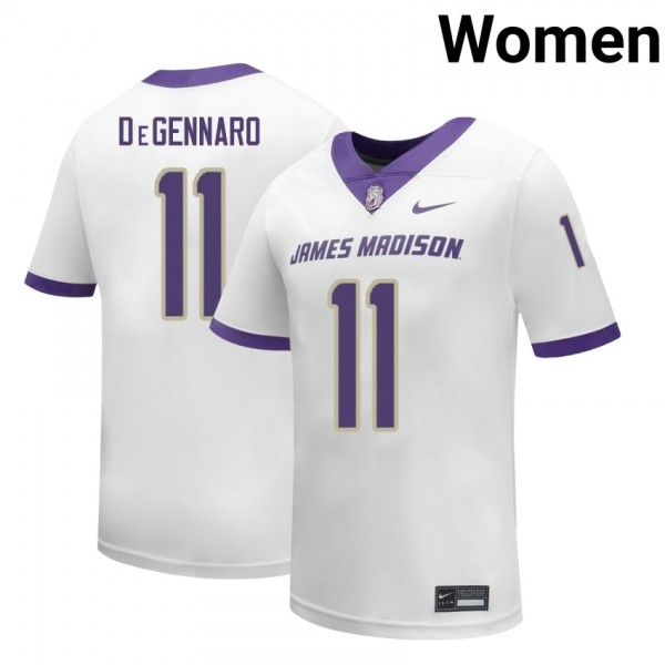Women James Madison Dukes #11 Nick Degennaro White Stitch Jersey-League Fan Gear