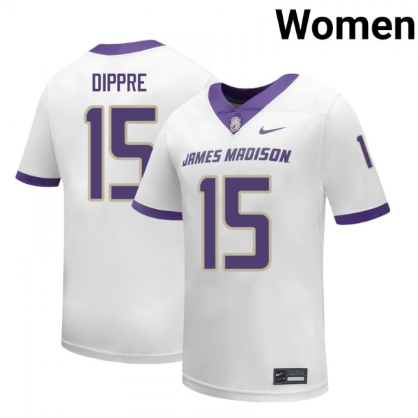 Women James Madison Dukes #15 Lacota Dippre White Stitch Jerseys-League Fan Gear