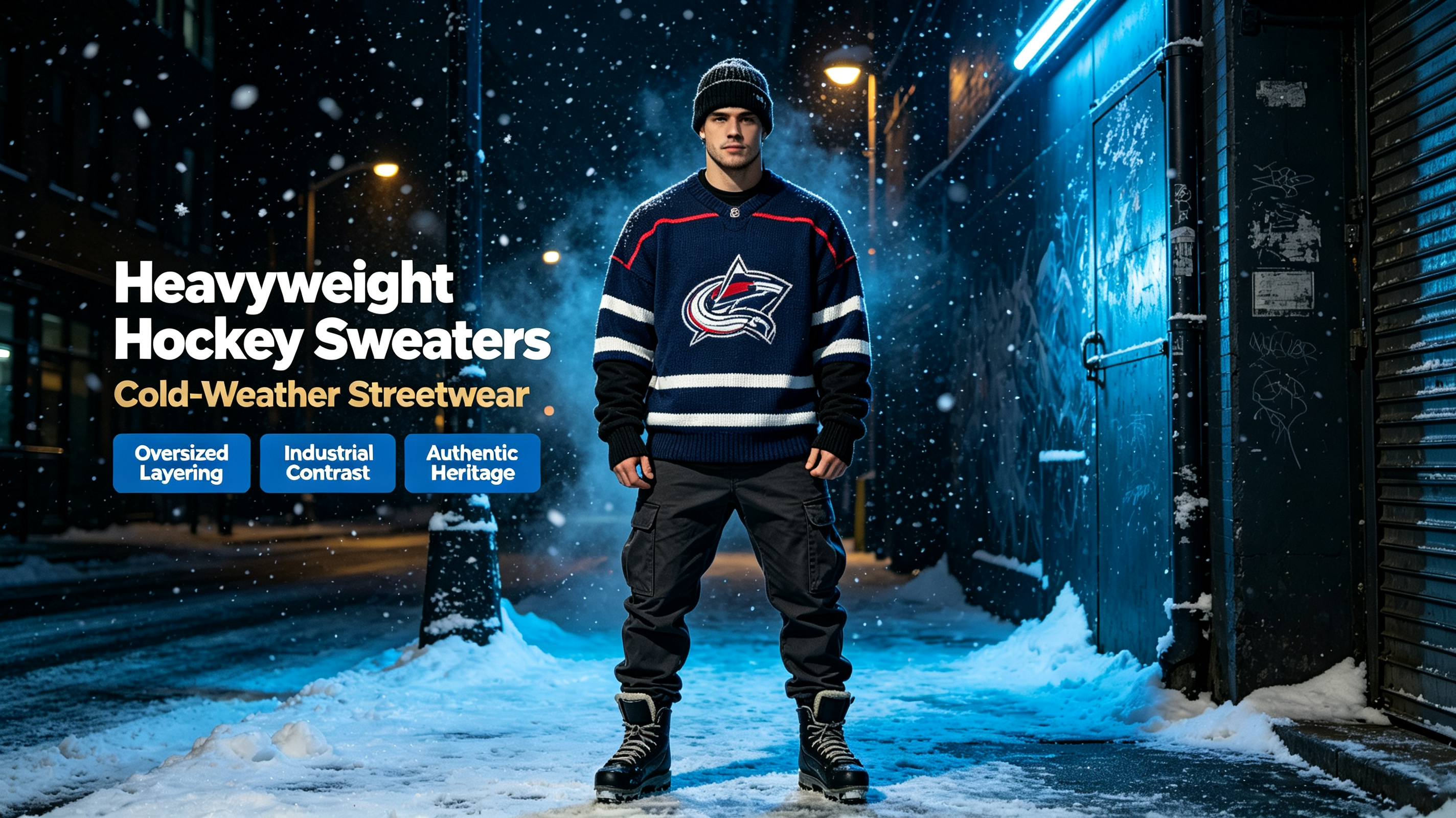 Heavyweight NHL hockey sweater cold‑weather industrial winter layering outfit