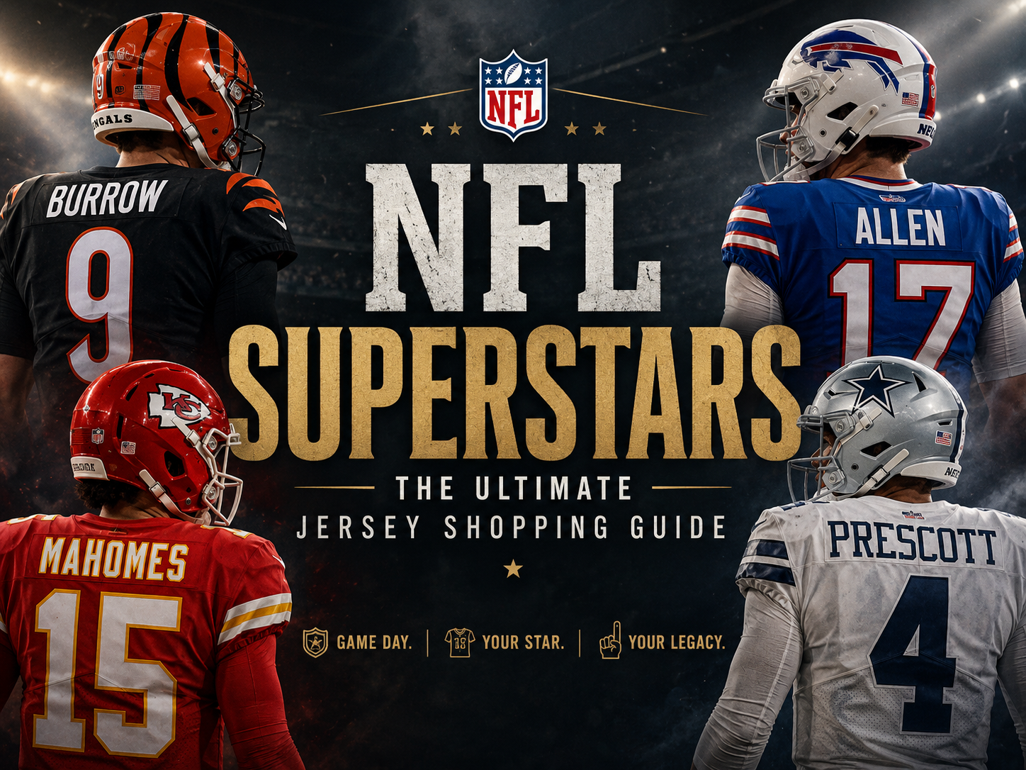 NFL superstars in iconic jerseys featured on a cinematic football stadium backdrop.