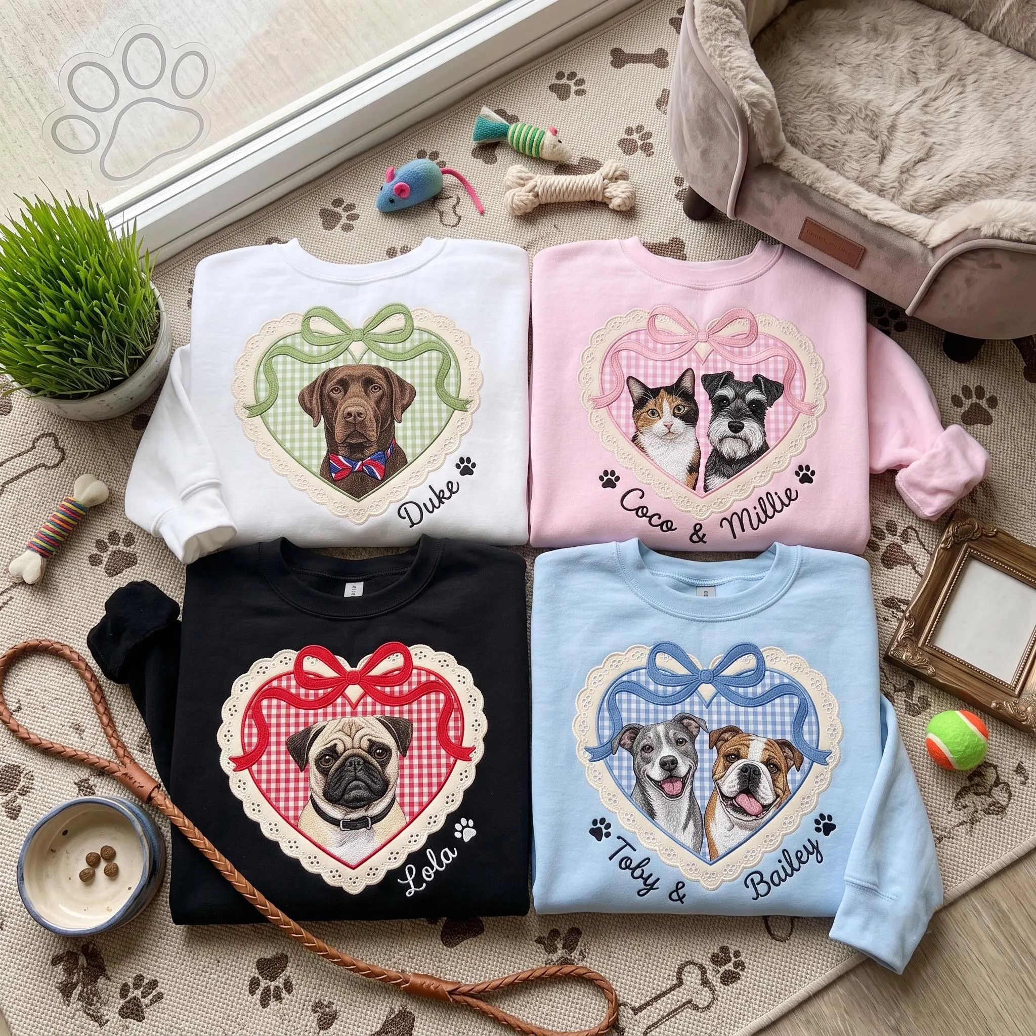 ustom Pet Portrait Appliqué Embroidered Sweatshirt – Personalized Locket Heart Coquette Shirt