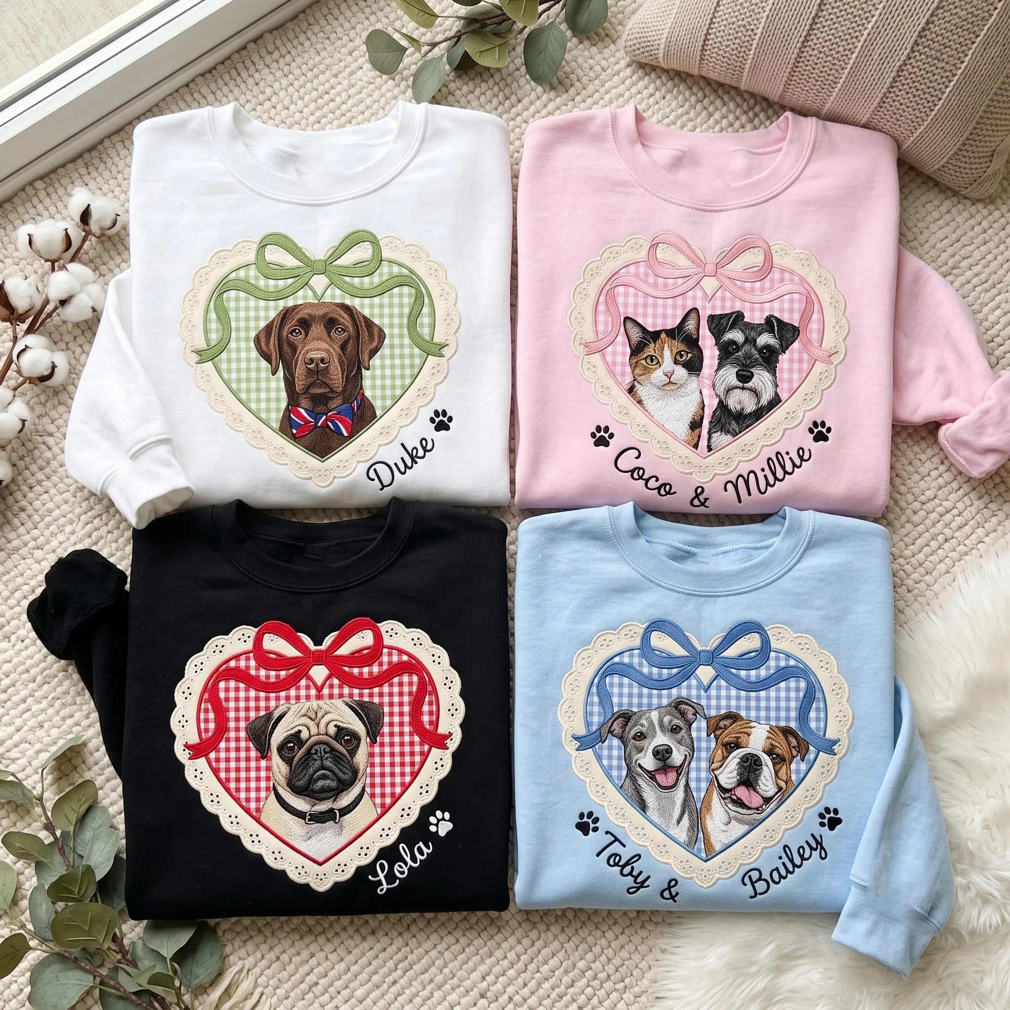 ustom Pet Portrait Appliqué Embroidered Sweatshirt – Personalized Locket Heart Coquette Shirt